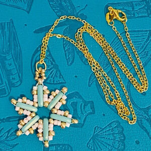 Handmade Turquoise Gold Light Coral Snowflake Necklace